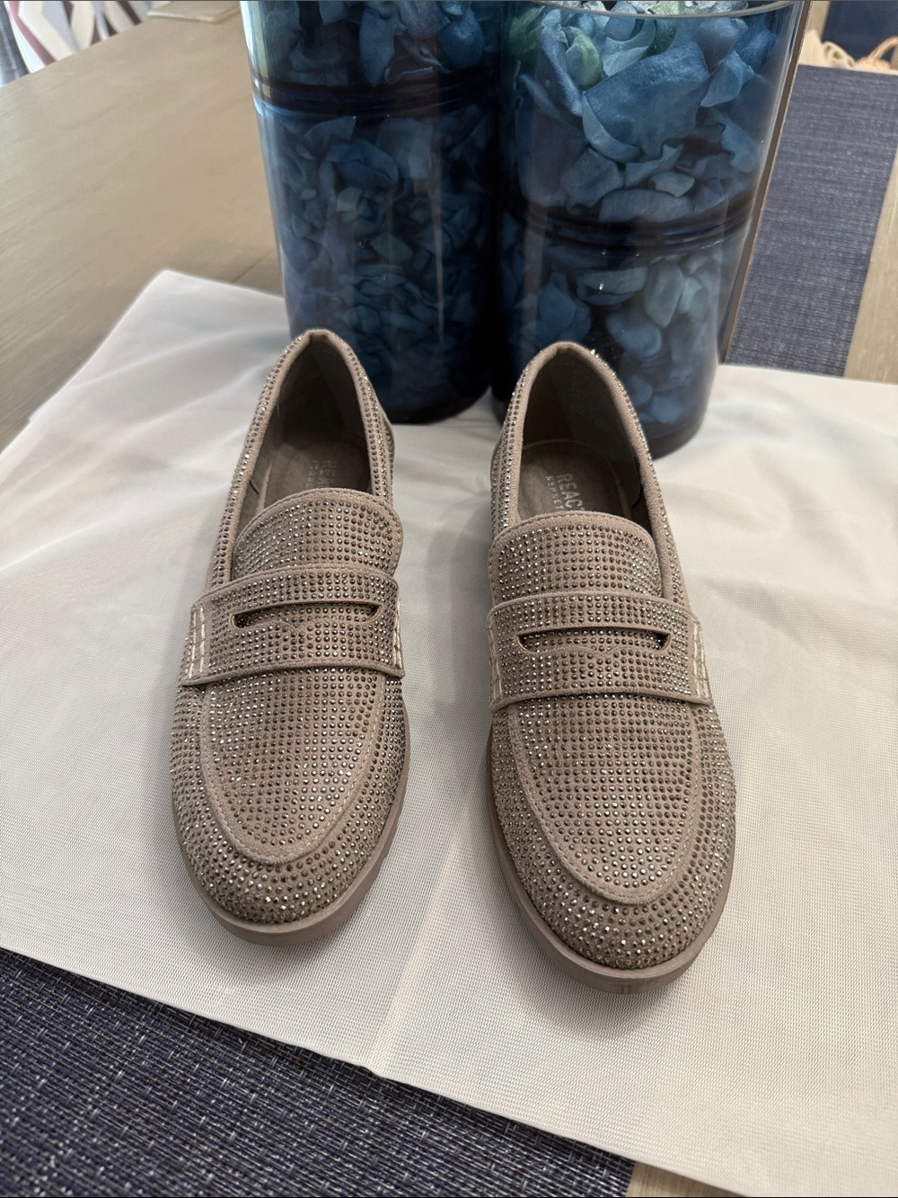 Reaction Kenneth Cole Taupe Suede Slip-On Loafers with Crystal Accents